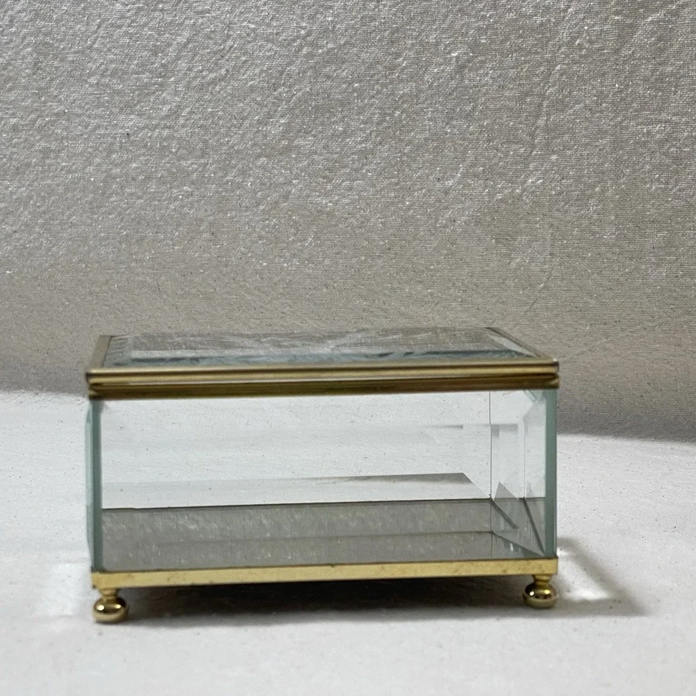 Vintage Glass Brass Mirrored Jewelry Trinket Vanity Display Box Etched‎ Bamboo